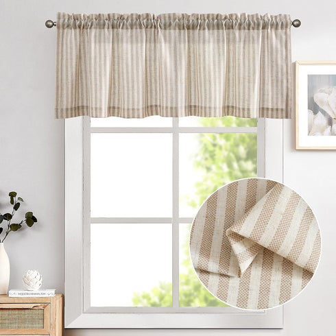 Vangao Kitchen Valance Linen Stripe Short Curtain Farmhouse Country Rustic Pinstripe Tickingstripe Light Filtering Rod Pocket Window Topper Treatment 18 Inch 1 Panel Taupe on Beige