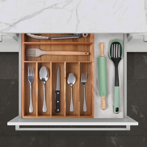 Kitchen Drawer Organizer - Acacia Silverware Holder, Extra Deep Grooved Divider, 7 Slots Cutlery Organizer Flatware Tray