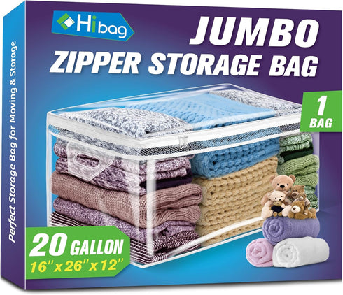 HIBAG 20 Gallon Large Storage Bag for Clothes, Zipper Clothing Organizer with Reinforced Handles