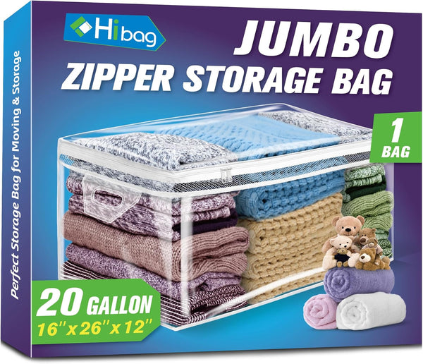 HIBAG 20 Gallon Large Storage Bag for Clothes, Zipper Clothing Organizer with Reinforced Handles