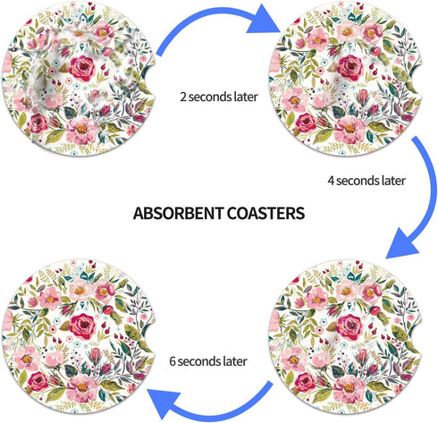 Car Coasters for Women, 2 Pack Mother's Day Auto Ceramic Coasters for Cup Holders, Easy Removal (Flower)