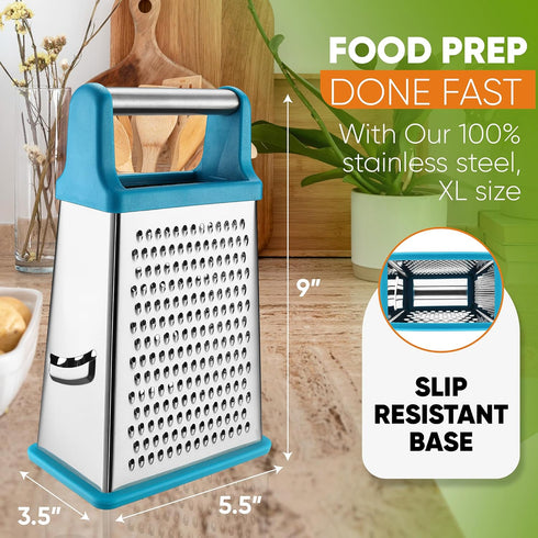 Spring Chef Handheld Stainless Steel XL Parmesan Cheese Grater with Handle - 4 Sided Metal Box Grater for Kitchen