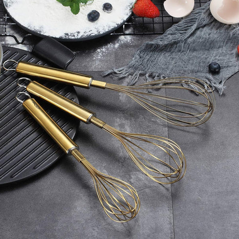 Berglander Gold Whisk Pack of 3 - Stainless Steel 8", 10", 12", Titanium Plating Gold Whisks for Cooking, Beater, Wire
