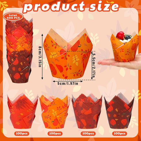 400 Pcs Fall Cupcake Liners Thanksgiving Tulip Wrappers for Baking Autumn Muffin Cupcake Holders Pumpkin Maple Leaf Liners Paper Baking Cups for Birthday Party Wedding Baby Shower
