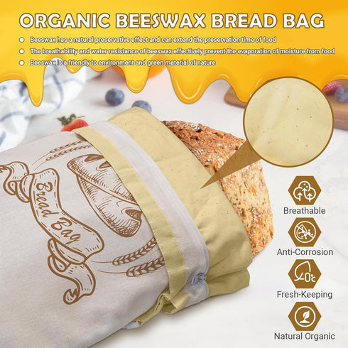 NIKKOUR Bags(2 Pack) Large Linen Beeswax Bread Sourdough Bread Bags Reusable Double-Lock Freezer Baking Container Gift