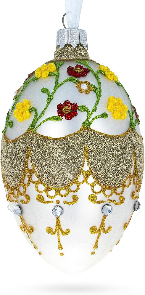 Multicolor Flowers on White Glass Egg Ornament, 4 Inches