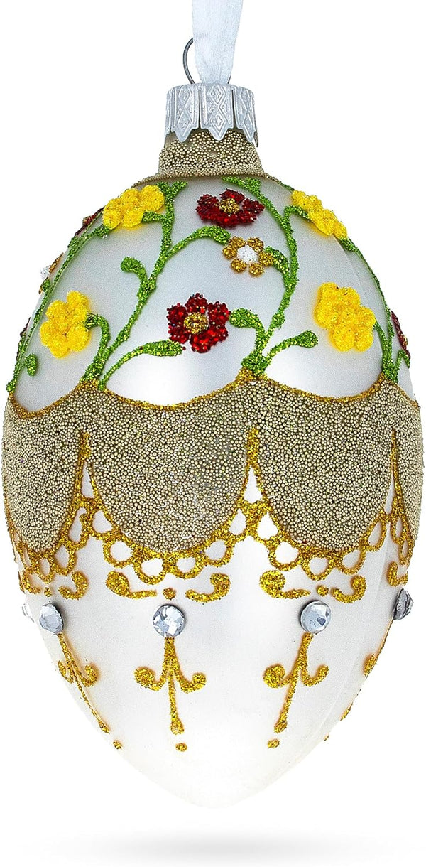 Multicolor Flowers on White Glass Egg Ornament, 4 Inches