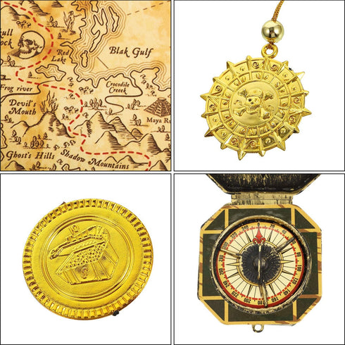Gejoy Halloween Pirate Treasure Map, Vintage Gold Secret Sea Historical Theme Party Accessory with Compass Necklace and