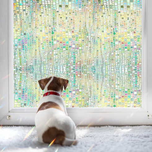 Windimiley Rainbow Window Film Privacy: 3D Stained Glass Windows Clings Decorative Prism Holographic Static Decals Removable Home Window Tint Heat Blocking Bathroom Door Coverings (17.5x78.7In, Pure)