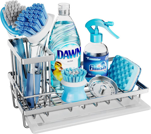 Consumest Sink Caddy, Kitchen Sponge Holder + Dish Brush Holder with Drip Tray for Countertop, Stainless Steel Rustproof
