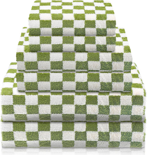 Kinlop 6 Pcs Checkered Bath Towels Set Lightweight Coral Washcloth Quick Dry