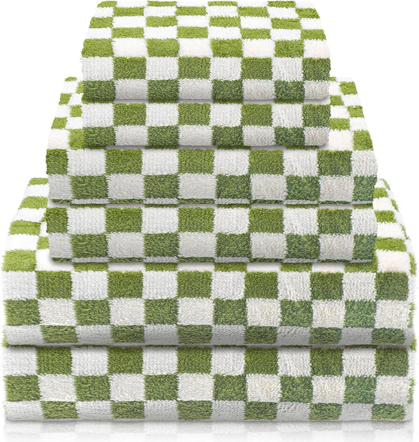 Kinlop 6 Pcs Checkered Bath Towels Set Lightweight Coral Washcloth Quick Dry