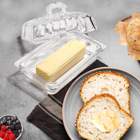 24oz Countertop Glass Butter Dish with Top Arch Handle Lid | Contain Butter Sticks | Covered Butter Keeper Holder Tray