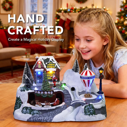 MerryPulse 8 Christmas Village House with Train, Christmas Songs & LED Lights, Collectible Buildings for Holiday Home