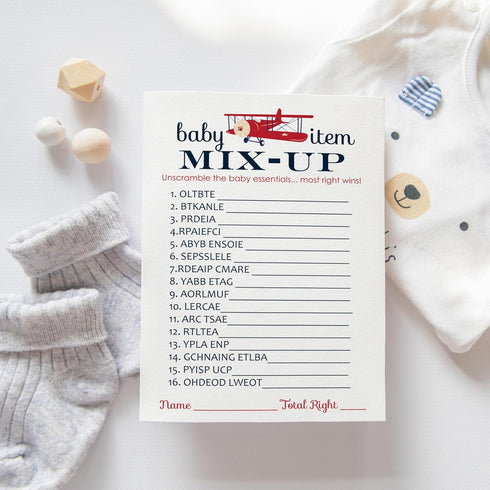 Airplane Baby Shower Games for Boys, Word Scramble Activity, 25 Cards, Adventure Theme in Red and Blue