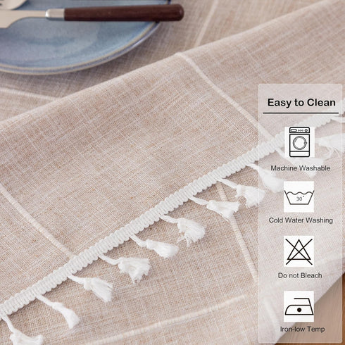 24x24 Inch Cotton Linen Small Square Tablecloth Boho Wrinkle Free Washable Plaid Table Cover with Tassels Brown