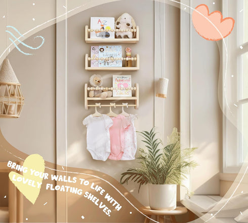 Set 3 CNK Nursery Floating Book Shelves for Wall Mounted of Book Shelf for Kids Room, Toddler Room, Baby Rooms Natural
