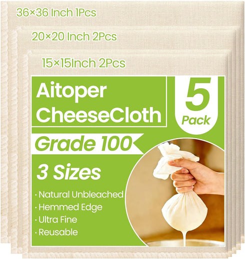 Aitoper 5Pcs Reusable Cheese Cloths, Grade 100, (15x15Inch x2 + 20x20Inch x2 +