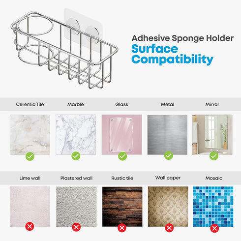 KESOL RustProof Sponge Holder Caddy for Kitchen, Stainless Steel Organizer with Suction Cup + Adhesive
