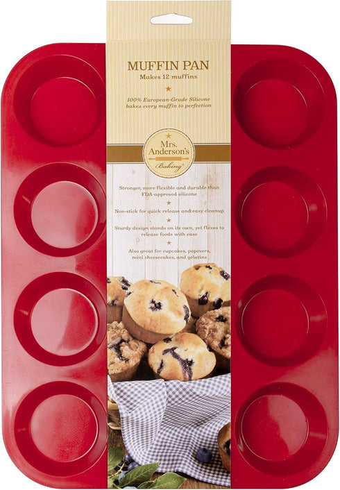 Mrs. Anderson's Baking Silicone 12-Cup Muffin Pan, BPA Free, Non-Stick, 13.5 x 10 x 1.25-Inches