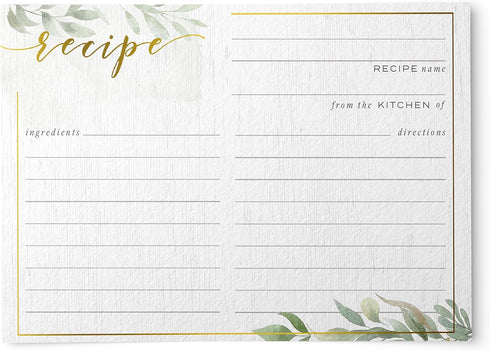 Dashleigh Farmhouse Greenery Recipe Cards, 48 Double Sided 4x6 Cards with Gold Foil, Sage Green Rustic Kitchen Gift