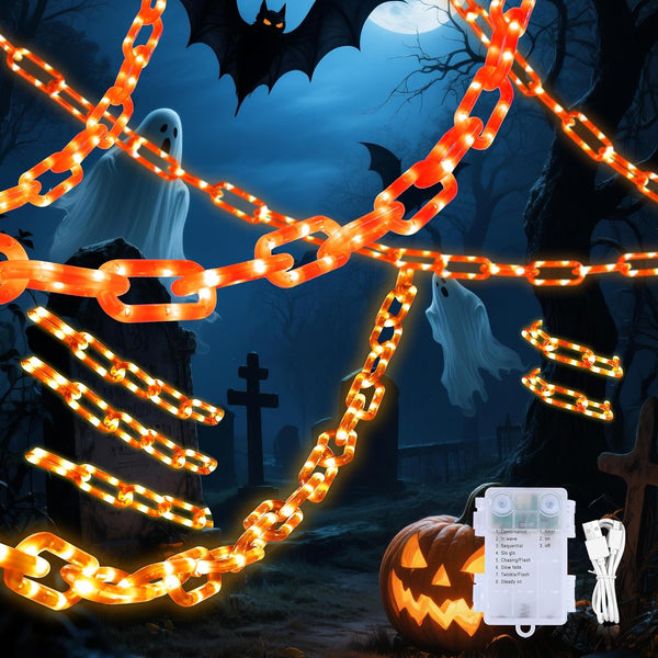 Halloween Chain String Lights,10.5 FT 175LED Plastic Chain Orange Light Battery Operated