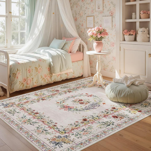 5x7 Joydeco Floral Bow Pink Rug for Bedroom, Washable Area Rug for Girls Nursery Playroom, Ultra-Thin Non Slip Soft