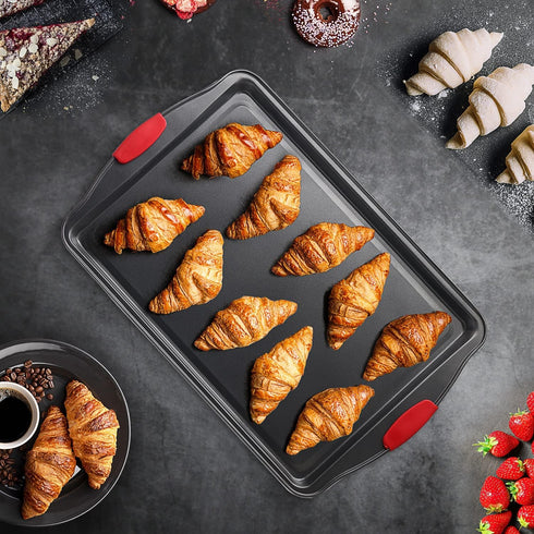 Baking Sheet Set, 2-Piece Large Cookie Sheet with Silicone Handles, BPA Free Nonstick Steel Baking Pans for Oven
