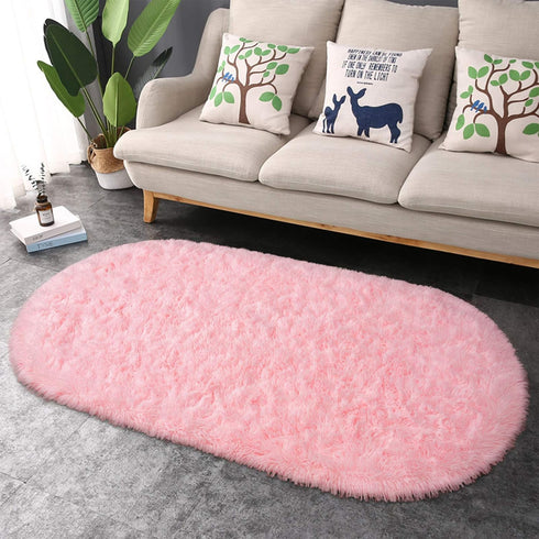 junovo Ultra Soft Washable Shaggy Rug (2.6x5.3ft Pink) - Non-Slip Oval Carpet for Kids Bedroom & Home Decor | Plush