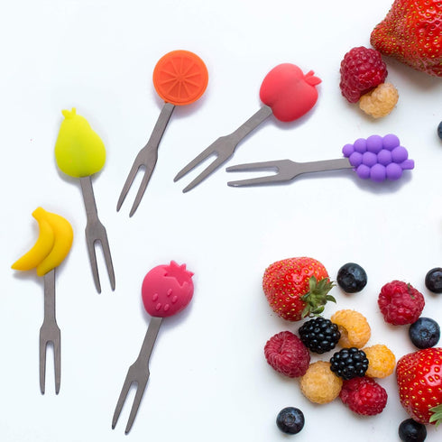 6-Piece Cocktail Forks, Appetizer Forks, Fruit Shapes, Stainless Steel and Silicone Small Forks for Fruits, Cheese
