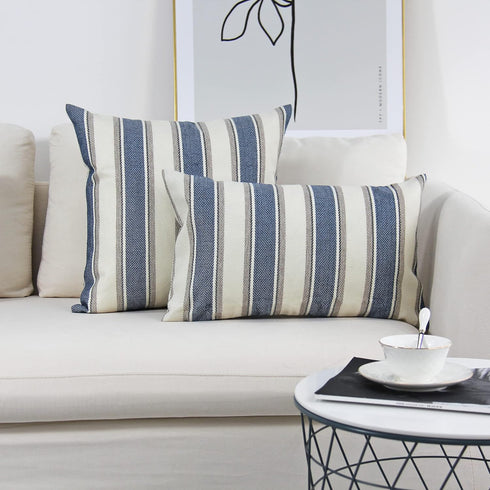 JOJUSIS Farmhouse Stripe Throw Pillow Covers, Pack of 2, 20 x 20 Inch, Blue