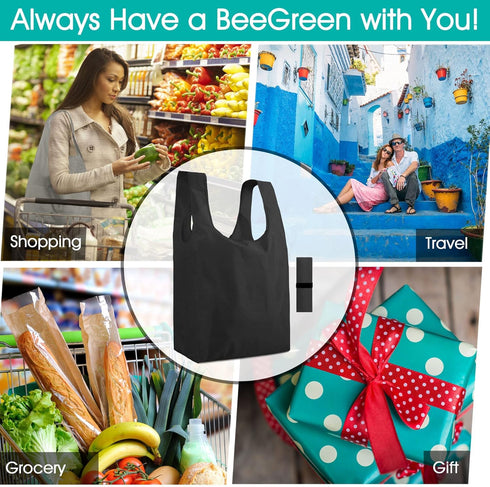 BeeGreen 12 Pack Black Reusable Grocery Bags Shopping Bags for Groceries Heavy Duty - Foldable Polyester Grocery Totes