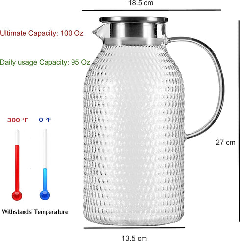 3 Liter/100 Oz Karafu Glass Pitcher with Lid, Easy Clean Heat Resistance Borosilicate Glass Jug for Hot/Cold Water