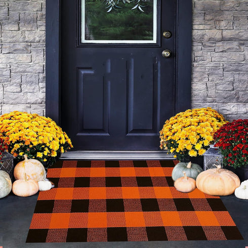SEEKSEE Cotton Buffalo Plaid Rug 27.5"x43", Orange and Black Checked, Washable Doormat for Indoor/Outdoor