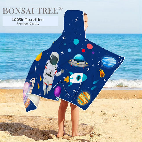 30" 50 Bonsai Tree Spaceman Hooded Beach Towel for Kids, Cute Space Man Bath Towel with Hood, Boy Microfiber Super
