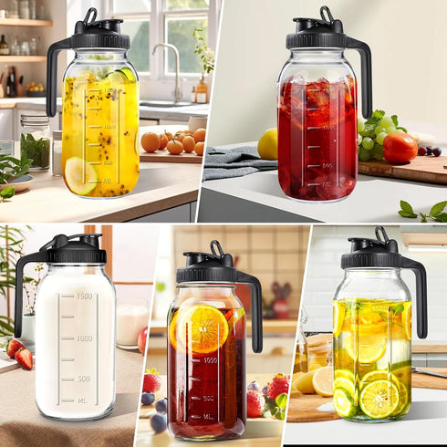 NIJIALGEXPY 64oz 2 Glass Pitcher with Lid, Quart Mason Jar Pitchers with Lid and Spout, Wide Mouth Breast Milk Pitcher