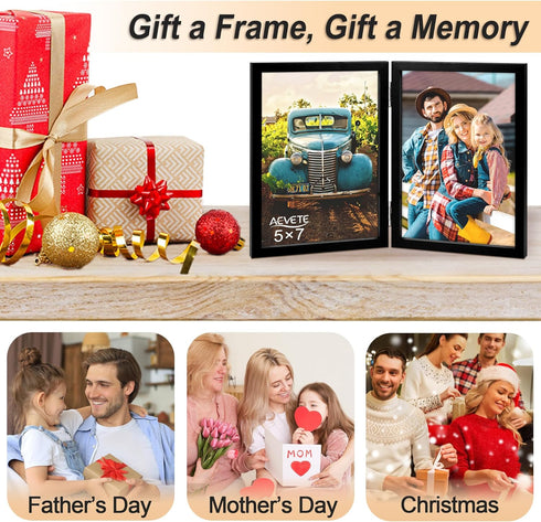 AEVETE 5x7 Double Hinged Wood Folding Picture Frames, Vertical with Plexiglass Front, Black