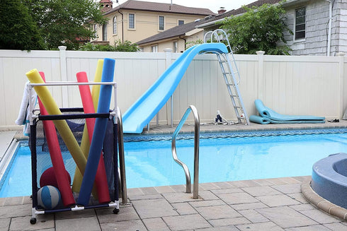 Essentially Yours Rolling Pool Noodle Storage Organizer Bin, Standard Noodle Holder (25.4" W x 26" L x 40.5" H),