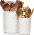 Large 7.3"+5.4" Engraved Ceramic Utensil Holder - Kitchen Counter Utensils Organizer, Set of 2, White Crock for Cooking
