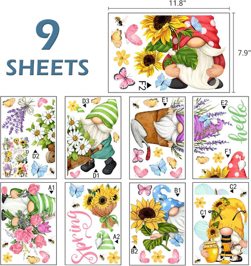 Mfault Hello Spring Gnomes Flowers Window Clings 9 Sheets, Floral Sunflower Daisy Wall Glass Stickers Decal Tulip Lavender Decorations, Living Room Home Kitchen Decor