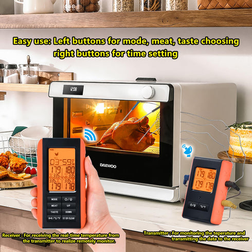 Wireless Meat Thermometer for Grilling and Smoking, BBQ Food Thermometer with 4 Meat Probes, Kitchen Timer