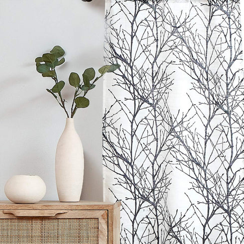 FMFUNCTEX White Black Kitchen Curtains, Small Tier Curtains 22" x 24" Cafe Curtain Set with Tree Branch Print