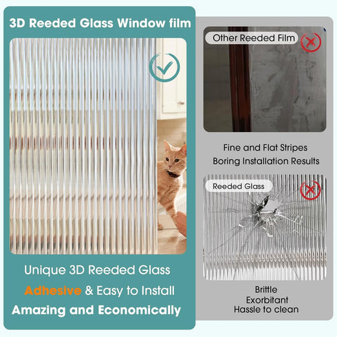 Coavas Reeded Glass Window Privacy Film, 3D Decorative Clings, Peel and Stick Fluted Window Decals (17.5x78.7 in,
