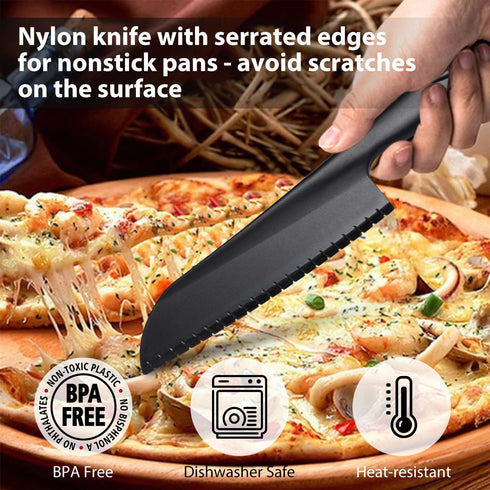 11 Nylon Knife for Nonstick Bakeware with Serrated Edges, Large Plastic Kitchen Knife to Cut Lettuce Salad Cake Brownie or Veggies Fruits, Nonmetal Knife for Teflon Cookware, Black 2 Pack by ChaLeeMoo