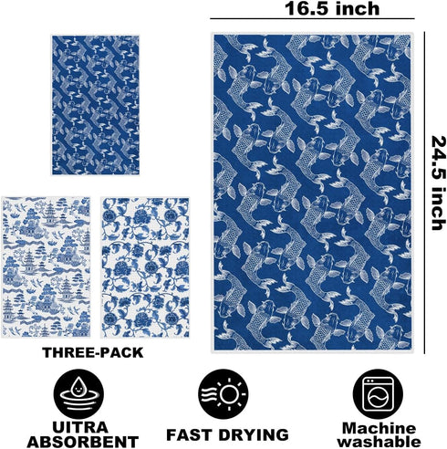 Hanamiya Na 3Pcs Exquisite Traditional Landscape Kitchen Towels, Koi Fish Floral Decorative Absorbent Microfiber Dish