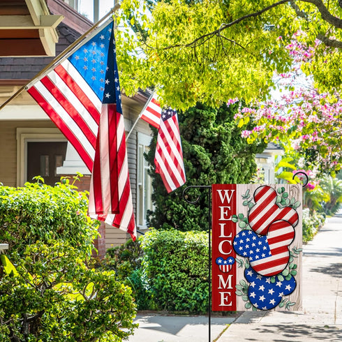 Welcome 4th of July Stars Stripes Cartoon Mouse Garden Flag - Double Sided American USA Memorial Day Yard Decor