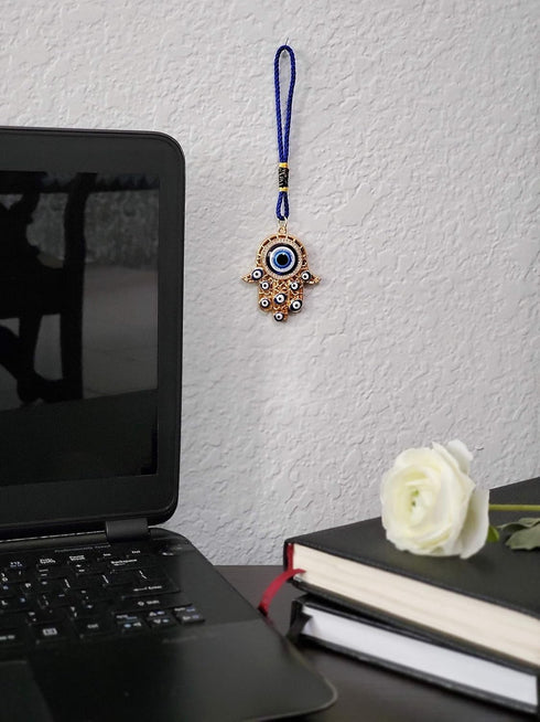 Hamsa Hand Amulet Pendant w/Crystal Rhinestones, Blue, White & Black Evil Eye Car Hanging Ornament