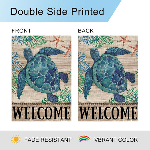 Welcome Sea Turtle Garden Flag 12x18 Inch, Double Sided Burlap Welcome Summer Rustic Coastal Yard Decoration
