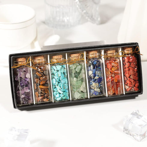 SUNYIK 7 Chakra Stone Wishing Bottles - Set of 7 Tumble Chip Crystal Healing Reiki Wicca Stones