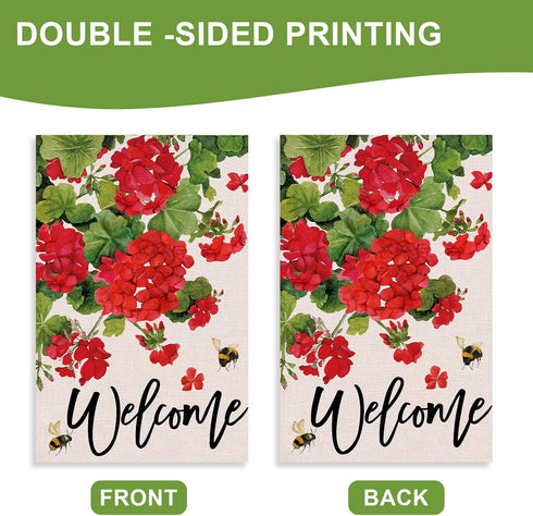 Welcome Spring Geranium Decorative Garden Flag, Red Floral Flowers Bee Yard Outside Decorations, 12 x 18